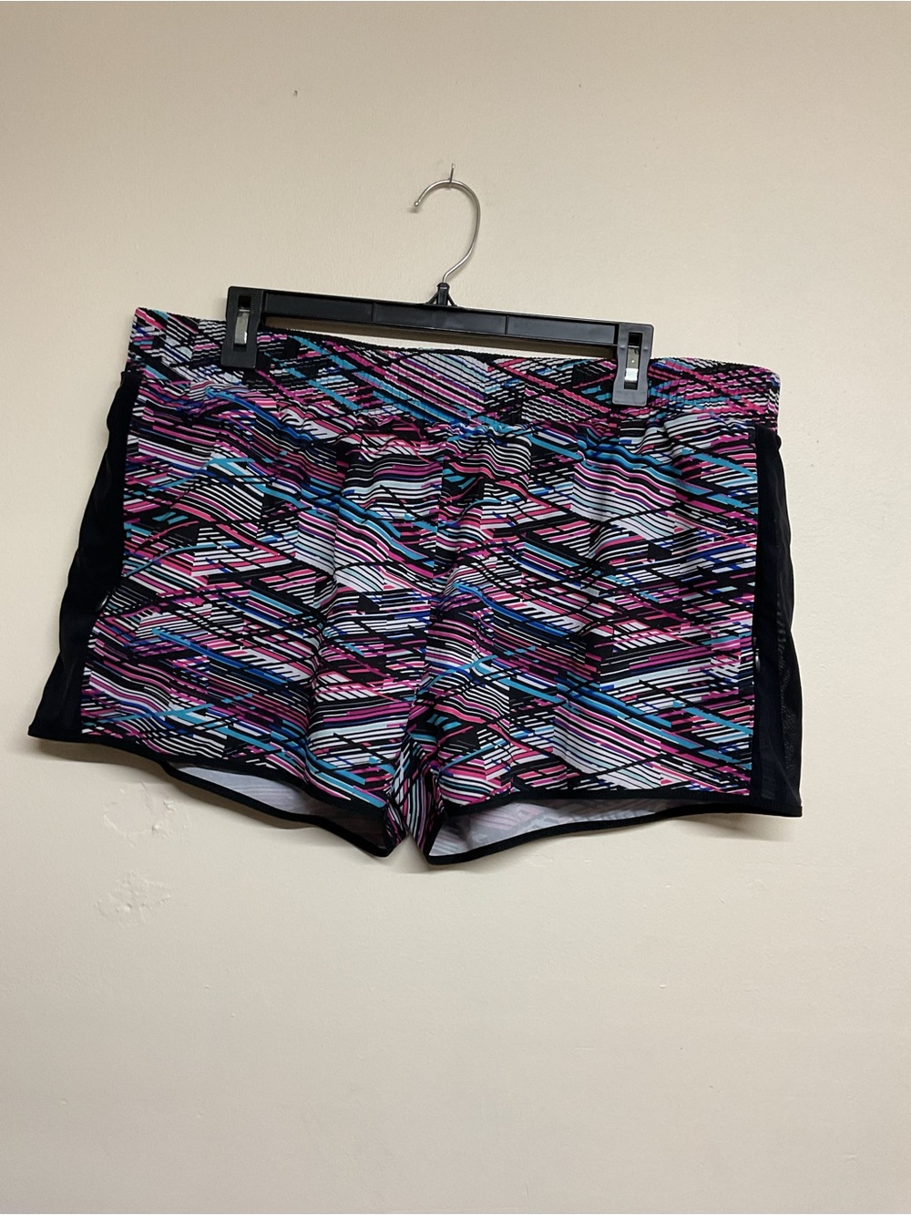 Fabletics Black Athletic Shorts with Pink, Blue & White Geometric Print